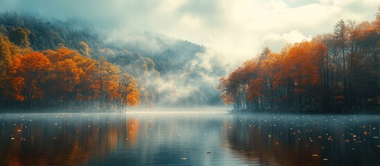 Autumn lake, misty sunrise, orange trees, tranquil scene, nature background