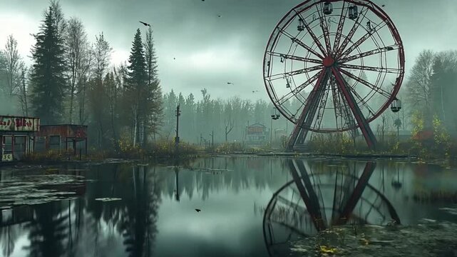 Abandoned amusement park, fog, spooky, reflections, autumn, gloom, eerie, use for Halloween, or gaming background