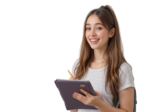 Smiling Young Woman Studying with Notebook and Pencil isolated on transparent background