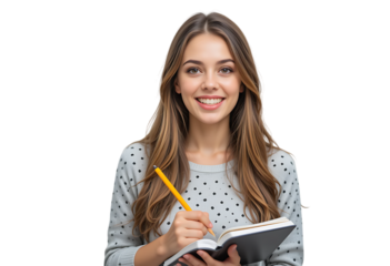 Smiling Young Woman Studying with Notebook and Pencil isolated on transparent background