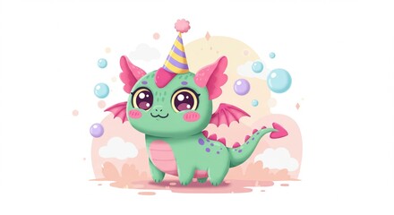 Fototapeta premium Adorable Baby Dragon Cute Fantasy Creature Birthday Party