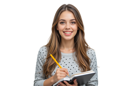 Smiling Young Woman Studying with Notebook and Pencil isolated on transparent background