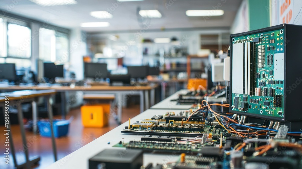 Poster a classroom or workshop where students are learning to assemble basic electronic circuits.