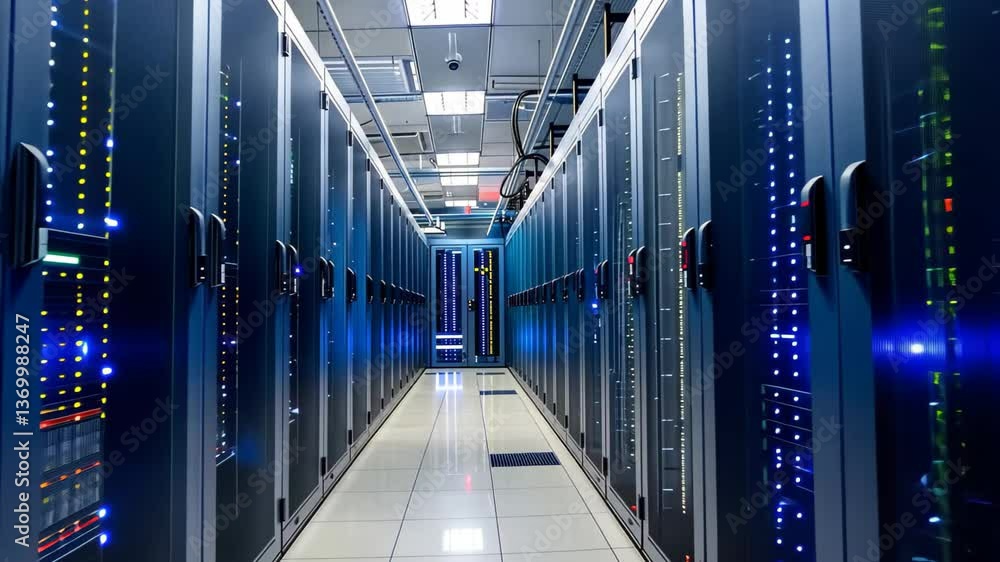 Poster brightly lit server racks line a corridor in a modern data center, showcasing numerous lights and or