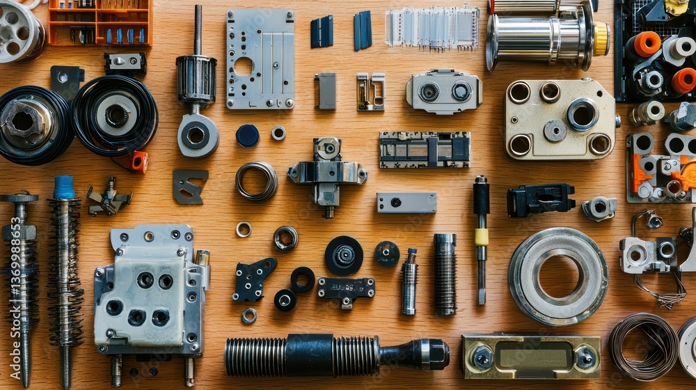 Poster a layout of various mechanical and electronic parts on a table in an organized manner.