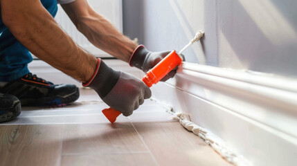 worker applying sealant to baseboard