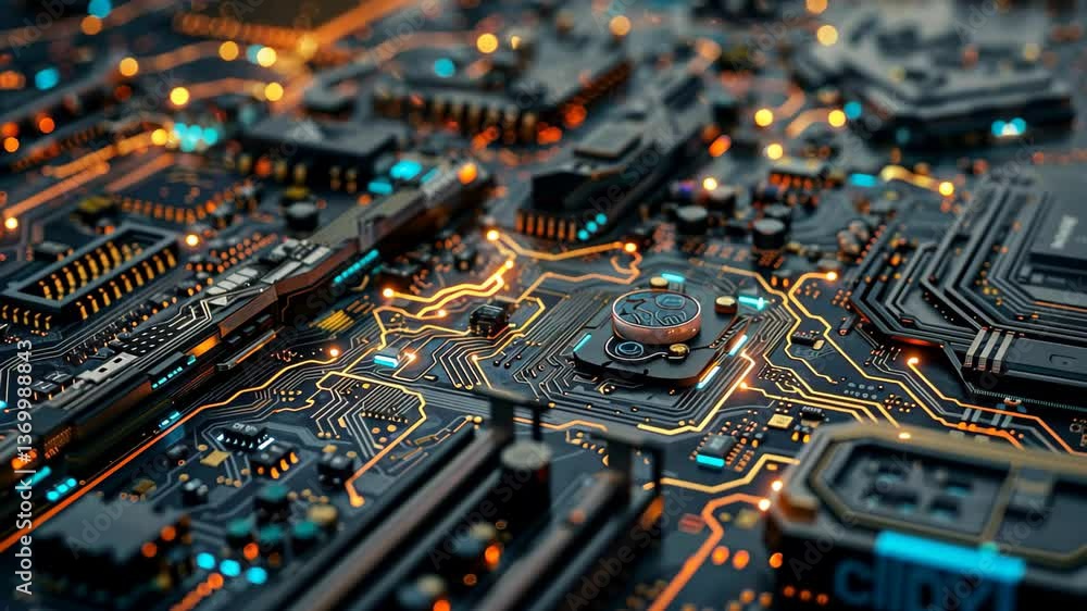 Poster the close-up view highlights the intricate design of a circuit board illuminated by glowing lights i