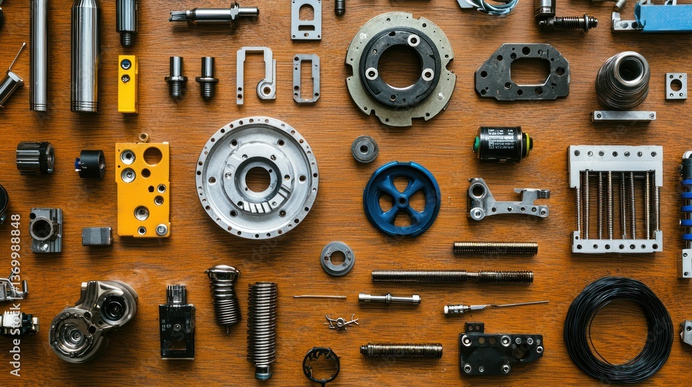 Poster a layout of various mechanical and electronic parts on a table in an organized manner.