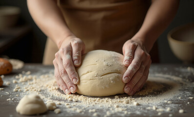 Obraz premium Crafting Homemade Dough Hands Kneading Dough on Floured Surface