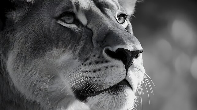 Majestic lioness portrait in black and white displaying power, strength and grace in nature - Powered by Adobe