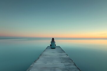 Woman Sitting on Pier Watching Serene Sunset Over Calm Ocean,
