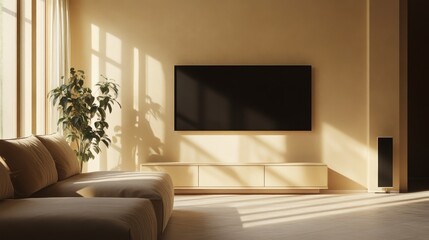 Beige living room with TV and sunlight