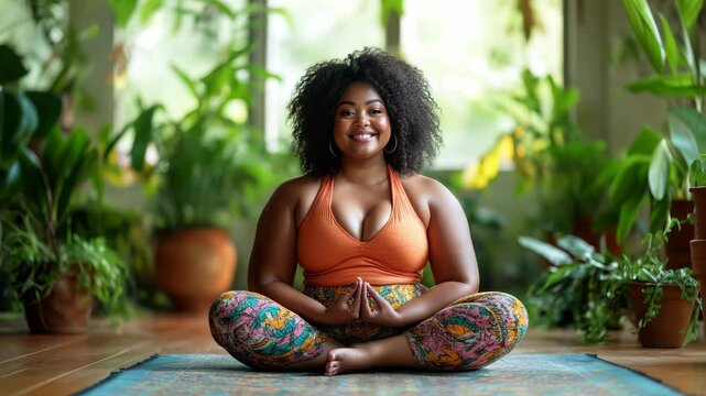 A cheerful plus-size woman practices yoga in a bright, airy room filled with plants. She embodies self-love and acceptance, connecting with her breath and inner peace