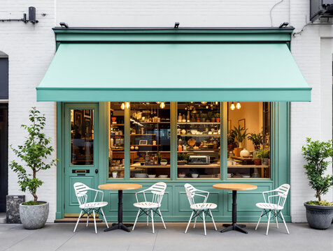 Cozy cafe storefront with mint green facade and blank awning, stylish chairs and tables on concrete street background, concept of advertising or mockup. Ai generative