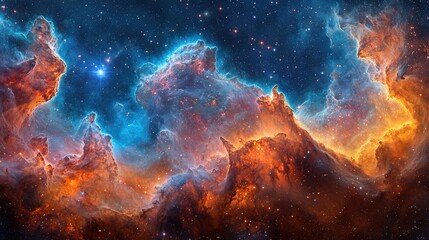 Obraz premium Stunning cosmic landscape, vibrant nebula in deep space, fiery orange and electric blue hues, celestial wonder, star-studded expanse.