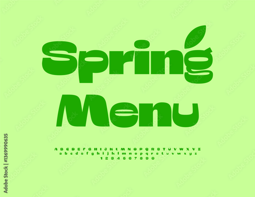 Poster vector eco template spring menu. artistic green font. elegant alphabet letters and numbers set.