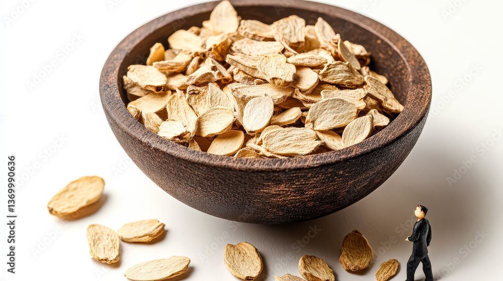 Poster small man is walking on a white background with a bowl of nuts in front of him. the nuts are scatter