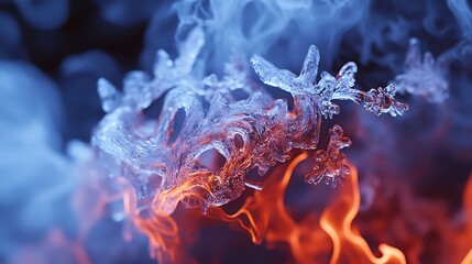 Frozen Fire with Flames Trapped in Ice Sculptures and Smoke as Snowflakes