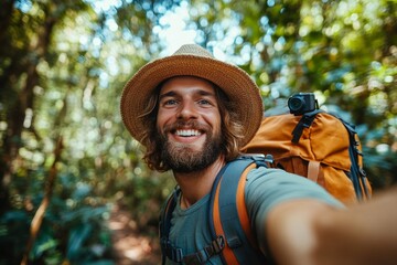 Happy man with hat and backpack taking selfie portrait walking in the forest - Young traveler laughing at camera into the wild - Travel influencer recording social media video