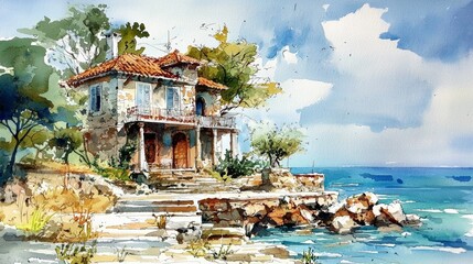 Obraz premium Serene coastal landscape featuring a historic villa in the foreground.