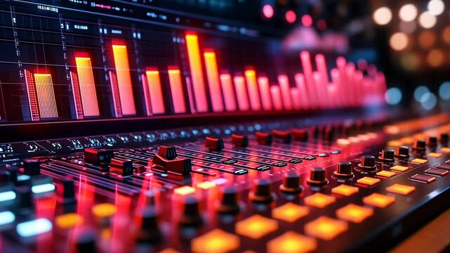 Close Up Of A Professional Audio Mixing Console With Illuminated Red And Orange Lights