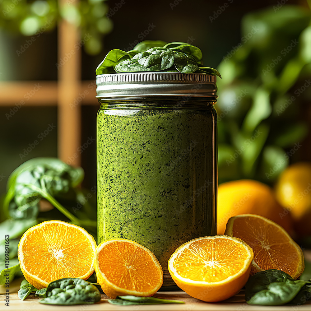 Aufkleber jar of green smoothie sits on a table with a few oranges and spinach. the jar is full and the orange