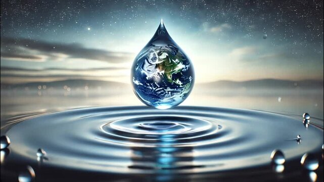 Planet Earth portrayed as floating water drop above calm pool in hyperrealistic style
