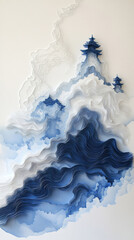 Layered Paper Art Depicting a Traditional Pagoda Amidst Mountains and Clouds