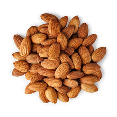 Top view of pile with almond nuts isolated on white background