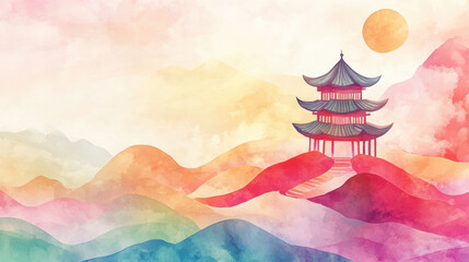 Fototapeta premium Watercolor Illustration of a Pagoda on a Mountain with a Rising Sun