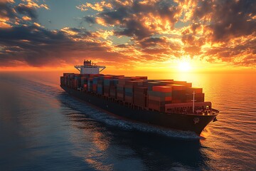 Cargo Ship at Sunset: Fiery Skies, Ocean Voyage, Dramatic View