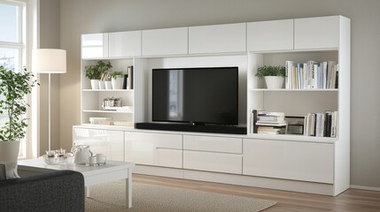 Modern Stylish Living Room with Elegant TV Unit and Natural Light