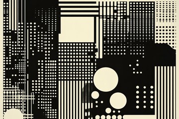 Geometric black and white shapes form a striking abstract composition visually