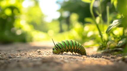 A caterpillar turning into a butterfly in a symbolic outdoor environment, representing transformation.