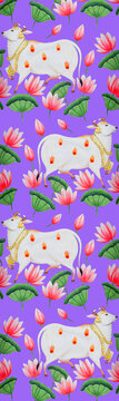 Pichwai Lotus And Cow Seamless Pattern
