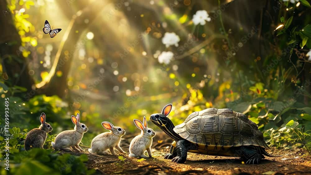 Aufkleber in a serene forest clearing, a tortoise encounters a group of rabbits while soft sunlight filters th