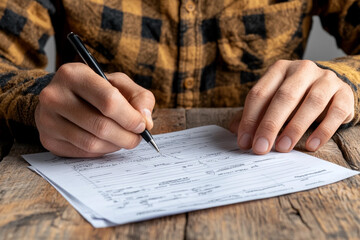 Close-up view of a person filling out a car insurance claim form on a rustic wooden table