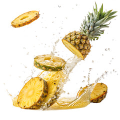 Pineapple Slices Splashing in Juice Isolated on White Background as Transparent. PNG. AI-Generated