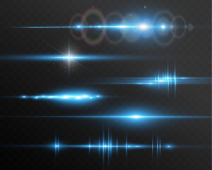 Set of blue horizontal glow effects resembling stars or suns with radiant highlights. Features light energy explosions and flares. Vector artwork ideal for digital, abstract, or futuristic designs.	
