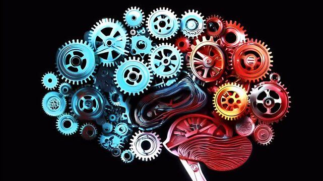 Abstract background with a glowing human brain filled with gears, symbolizing strategic thinking and motivation