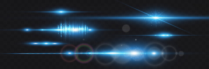 Set of blue horizontal glow effects resembling stars or suns with radiant highlights. Features light energy explosions and flares. Vector artwork ideal for digital, abstract, or futuristic designs.	
