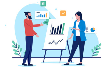 People and successful chart - Businesspeople man and woman looking at rising diagram presenting company success and growth. Flat design vector illustration on white background