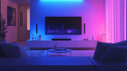 Futuristic Home TV Setup With Purple & Pink Lighting  