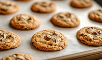 Warm, golden chocolate chip cookies fresh from the oven, arranged on a baking sheet.