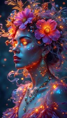 A stunning woman in profile, adorned with vibrant floral accents in her hair, is illuminated by a mesmerizing display of colorful, sparkling light projections dancing across her skin and jewelry