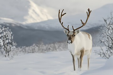 Obraz premium Reindeer walks through a snowy landscape