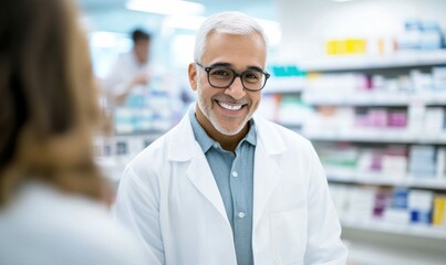Fototapeta premium A cheerful pharmacist in a white coat smiles while assisting a customer at the pharmacy counter.