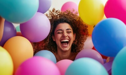 Obraz premium A cheerful woman is laughing amidst a sea of colorful balloons, radiating pure joy and excitement.
