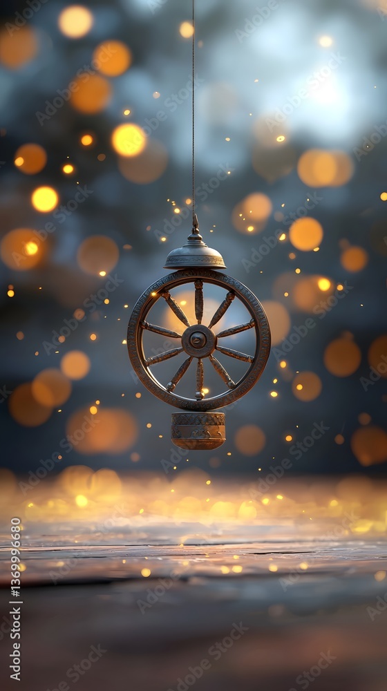 Poster a serene 3d render of a traditional buddhist prayer wheel rotating peacefully in midair surrounded b