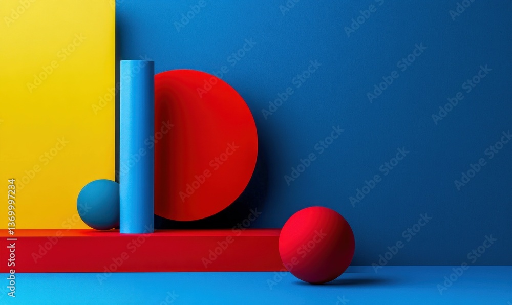 Poster a playful arrangement of primary-colored geometric shapes creating a modern and minimalist abstract 